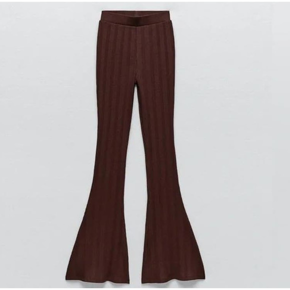 NWOT ZARA Rust Ribbed Cotton Stretch Skinny Flare Scallop Hem Leggings - Picture 2 of 9